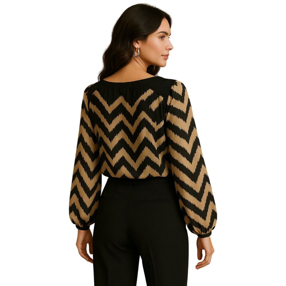 AB Studio Sheer Chevron Blouse Black Beige Long Sleeve Lightweight Bohemian Chic - Picture 4 of 13